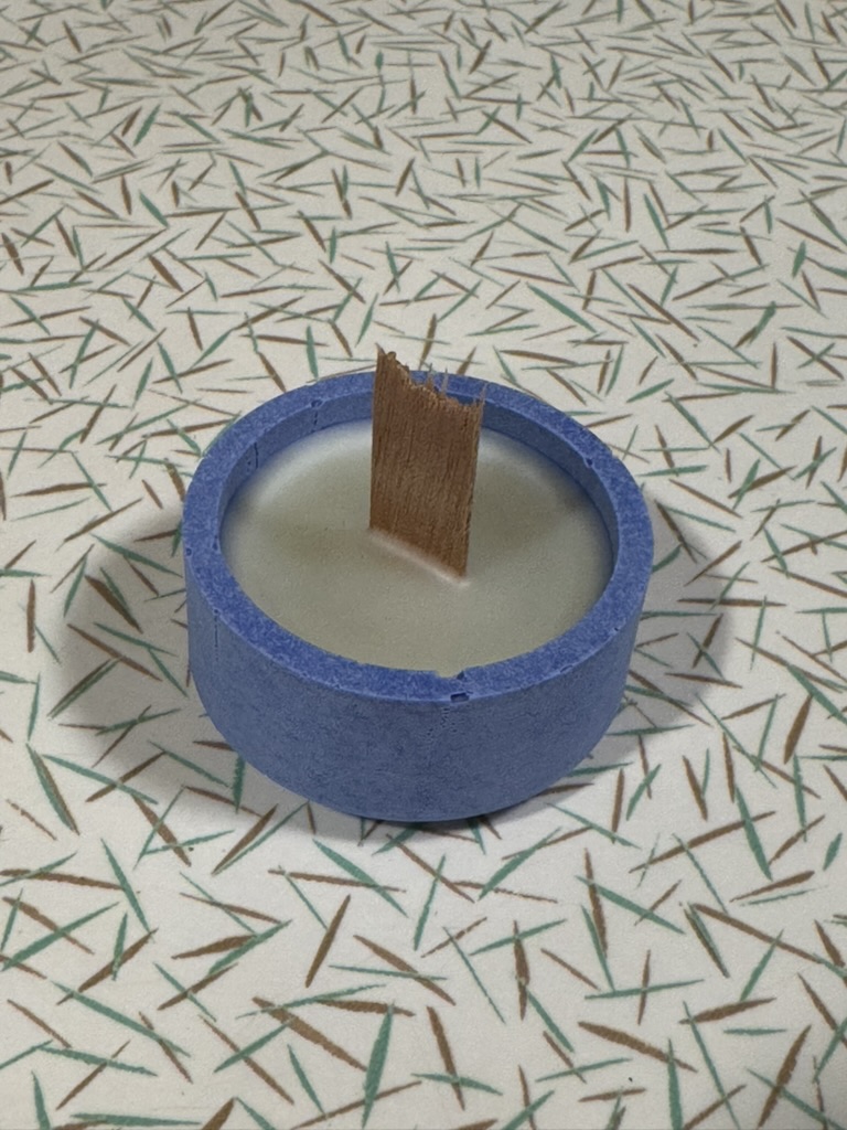 Cast Candle Holder - Finished holder, poured candle + wooden wick
