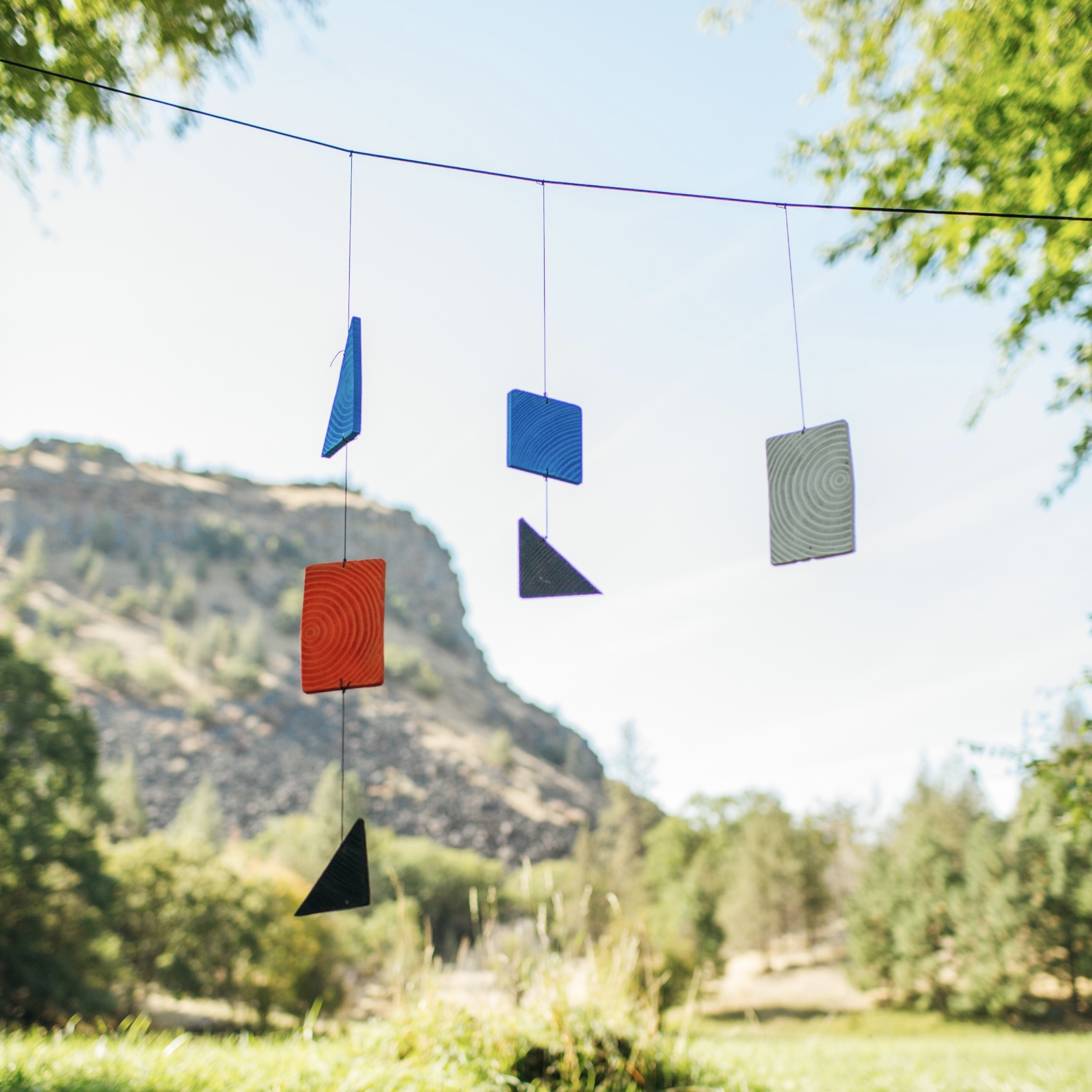 Canyon Vibration Mobiles - Painted shapes strung across the meadow