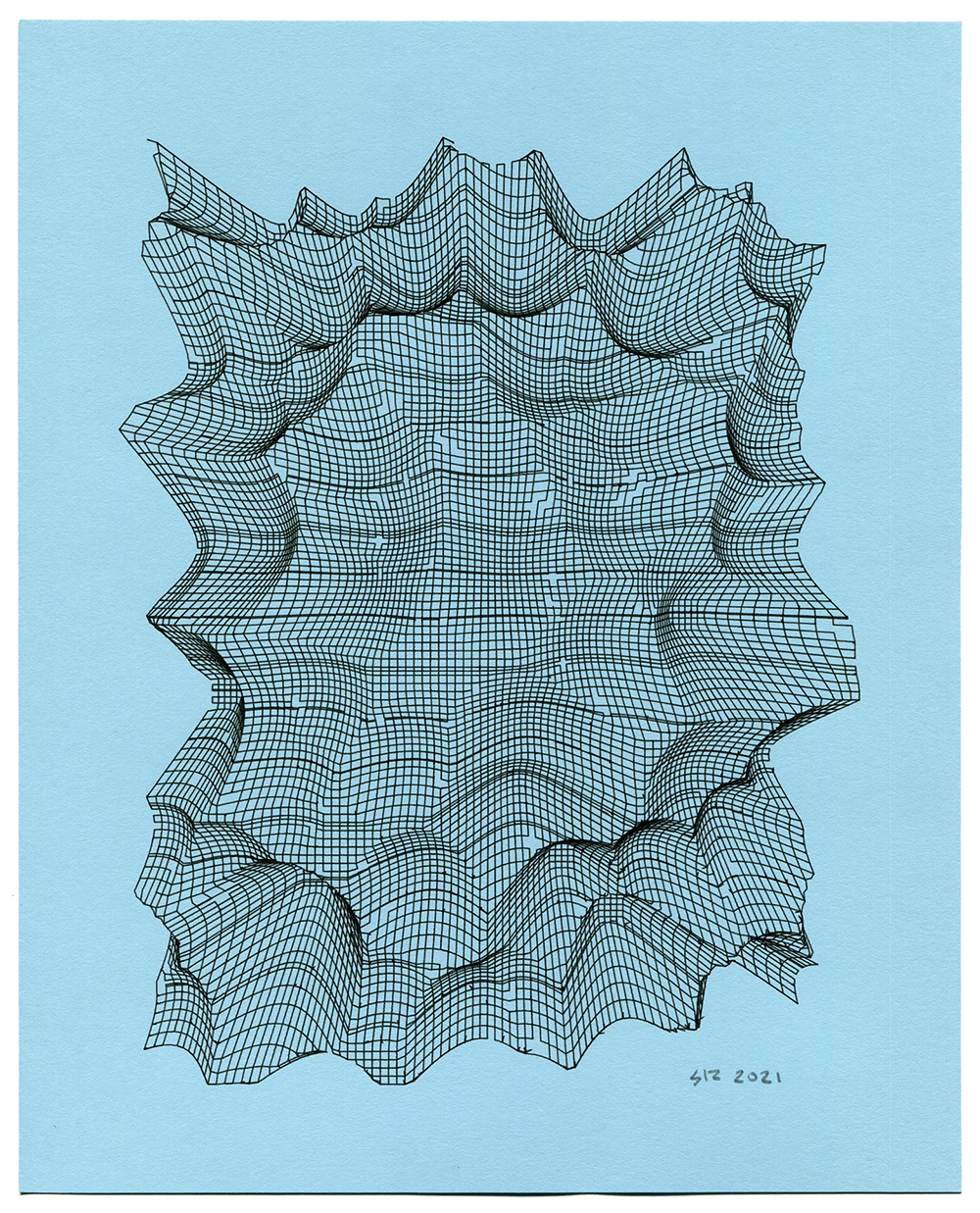 Pen Plotter Prints - Warped wireframe grid, black on blue