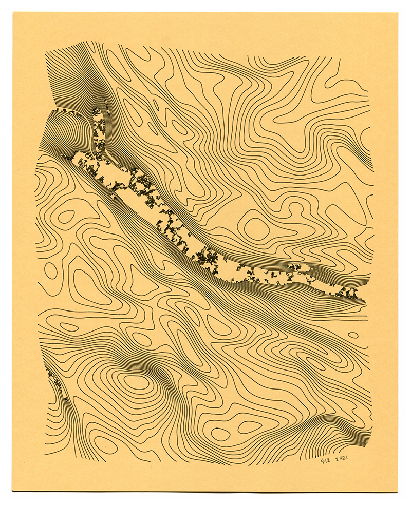 Pen Plotter Prints - Canyon contour field, black on yellow