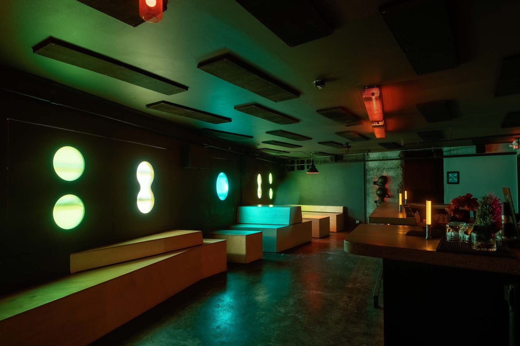 Process Nightclub - Lounge, plywood platforms + porthole lights